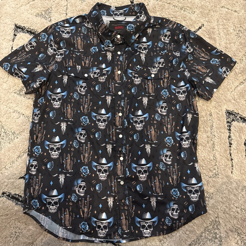 Men's Black Short-Sleeve Skull & Cactus Print Button-Down Shirt
